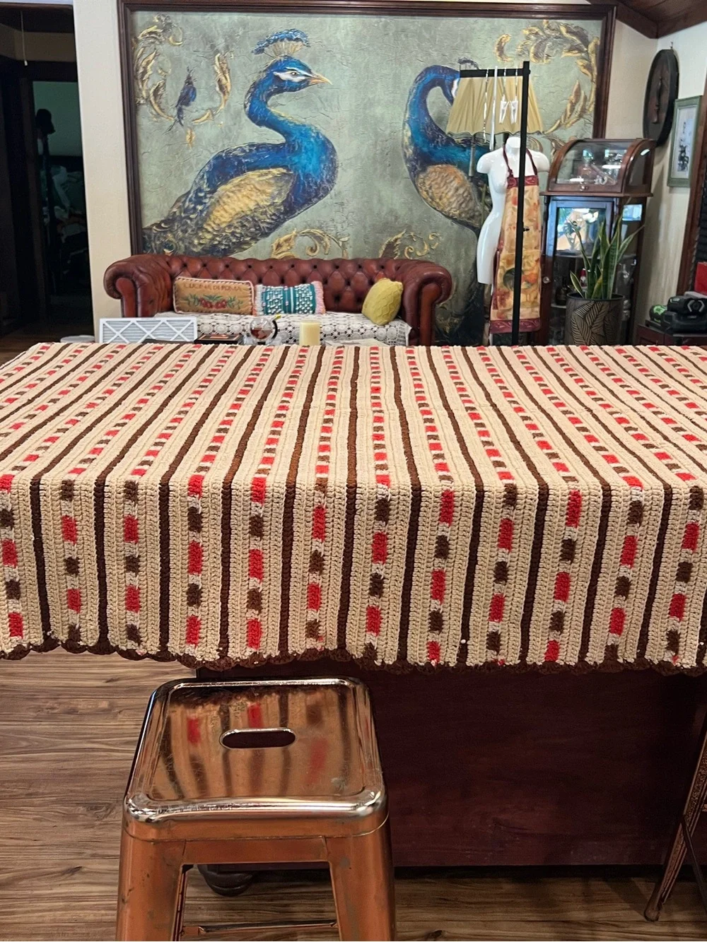 Crochet Table Throw - Cream, Brown & Red Accents